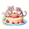 Two cute mice eating birthday cake