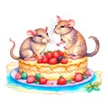 Two cute mice eating birthday cake