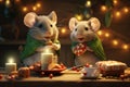 Two cute mouses are having christmas dinner. Seasons greetings