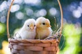 Two cute newborn chickens are sitting in a wicker basket with hay Royalty Free Stock Photo