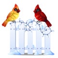 Two cute Northern Cardinal birds sit on a snowy wooden fence isolated on white background. Sample of Christmas and New