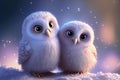 Two cute owlets couple sitting next to each other