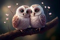 Two cute owlets couple sitting next to each other