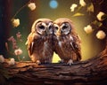 Two cute owlets are sitting next to each other.