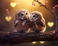 Two cute owlets are sitting next to each other.