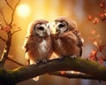 Two cute owlets are sitting next to each other.