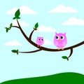 Two cute owls sitting in a tree vector illustration Royalty Free Stock Photo