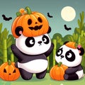 Two cute pandas playing with Halloween pumpkins