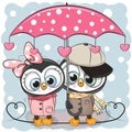 Two Cute Penguins with umbrella under the rain