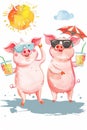 Two cute pigs enjoying a dance and drinks on a beautiful sunny day, funny illustration
