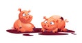 Two cute pigs playing in mud, cartoon farm animals