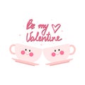 Two cute pink mugs with face, valentines day. Vector illustration in flat cartoon style