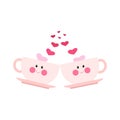 Two cute pink mugs with face, valentines day. Vector illustration in flat cartoon style