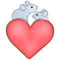 Date of two cute playful mice on a big pink heart.