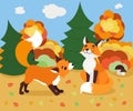Two cute funny foxes in autumn forest. Vector art in cartoon style Royalty Free Stock Photo