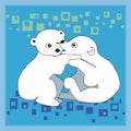 Two cute polar teddy bears are playing on a blue background Royalty Free Stock Photo