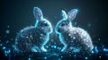 Two cute polygonal Easter bunny rabbits composed of sparkling points and lines on dark digital landscape backdrop