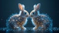 Two cute polygonal rabbit figure composed of sparkling points and lines on dark digital landscape backdrop