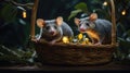 Two Adorable Baby Opossums in a Cozy Basket with Fairy Lights Royalty Free Stock Photo