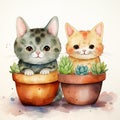 two cute cats in a pot, watercolor painting Generative AI