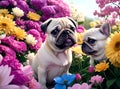 Two cute pug puppies in the middle of lots of colorful flowers
