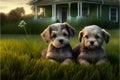 Two cute puppies on the lawn against the backdrop of a typical American house. AI generated.