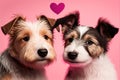 Two cute puppies on a pink background. Valentine\'s Day card with two cute puppy dogs in love. Generative AI Royalty Free Stock Photo