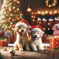 two cute puppy dogs wearing santa hats
