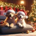 two cute puppy dogs wearing santa hats amongst the gifts