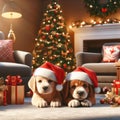 two cute puppy dogs wearing santa hats amongst the gifts