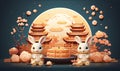 Two cute rabbit with mooncake. Beautiful night scenery with Chinese palace aside and full moon background.