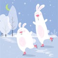 Two cute rabbits on the rink. Vector illustration of winter landscape Royalty Free Stock Photo