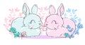 Two cute rabbits sitting in flowers, children\'s beautiful illustration. Print design for nursery, textile, poster. stock Royalty Free Stock Photo
