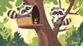 Two cute raccoons near a tree hollow in a vibrant forest setting Royalty Free Stock Photo