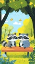Two cute raccoons sitting on a bench in a vibrant forest setting Royalty Free Stock Photo