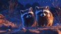 Two Cute Raccoons in Snowy Winter Night Landscape Royalty Free Stock Photo
