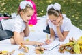 Two cute schoolgirls doing homework on a blanket in a sunny autumn park. Outdoor education. Back to school concept Royalty Free Stock Photo