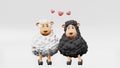 Two cute sheep friends rhythmically dance 3d animation. Friendship Day Children party invitation Ewes couple Love heart