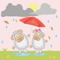 Two cute sheep with umbrella vector illustration Royalty Free Stock Photo