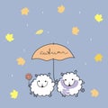Two cute sheep under an umbrella with a handwritten inscription `autumn` on a blue background with rain and maple leaves. cute aut Royalty Free Stock Photo
