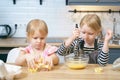 Two cute sisters preparing cookie dough. Little girls helping mom in the kitchen