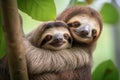 Two cute sloths hugging and hanging on palm. Generative AI