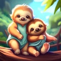 Two cute sloths sit on a log in the jungle, cartoon characters