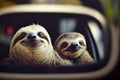 Two cute sloth sittimng in a car, reflection in the mirrow jungle animal, illustration, generative ai