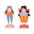 Two cute and small cartoon female teenagers standing on the scale and looks not so happy about their overweight. Losing weight Royalty Free Stock Photo