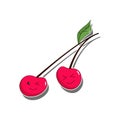 Two cute smiling cherries on a twig with leaves. Kawaii flat vector vegan food.