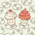 Two cute smiling cupcakes on clouds. Royalty Free Stock Photo