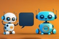 two Cute smiling robots chatbot with speech bubble sign of cartoon character. chatbot voice communication support service. AI