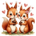 Two cute squirrels, each holding an acorn, sit together on a patch of grass surrounded by heart shapes Royalty Free Stock Photo