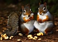 Two cute squirrels eating cashews together